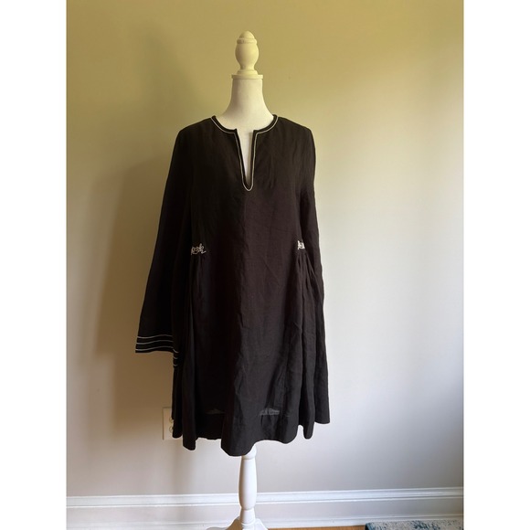 Merlette Dresses & Skirts - Merlette New York Black Linen Embroidered Split Neck Tunic Dress Long Sleeve